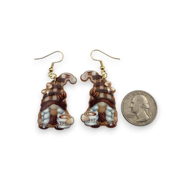 Coffee Break Gnome Earrings Gold Plated Earwires - Picture 7 of 8